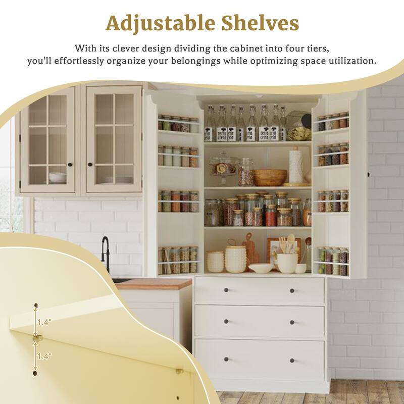 Kitchen Pantry Cream Storage Cabinet w/ Adjustable Shelves & 3 Drawers - Cream