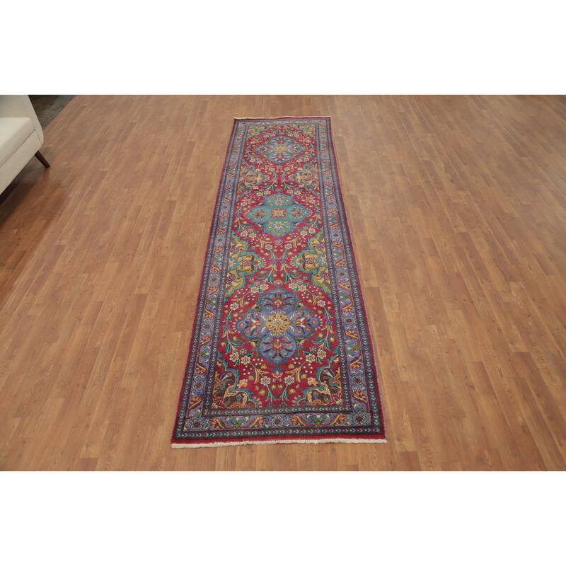 Hand Knotted Oriental 100% Wool Carpet Traditional Floral Red Tabriz Runner Rug - 11' 1'' X 3' 1''