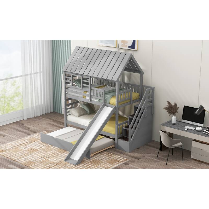 Twin Over Twin House Bunk Bed With Slide And Windows