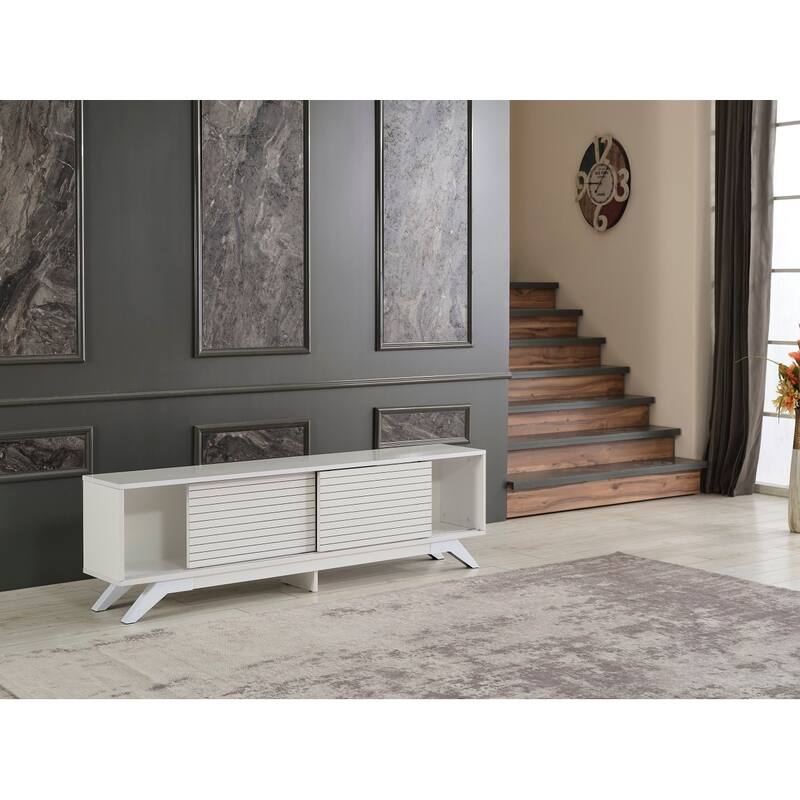 FurnisHome Store Luxia Mid Century Modern Tv Stand 2 Sliding Door Cabinet 2 Shelves 67 inch Tv Uni, White