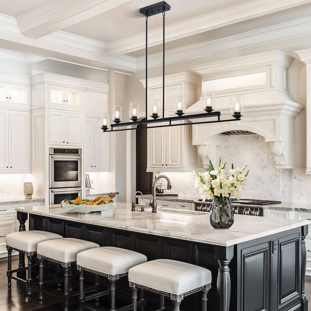 Modern Farmhouse 7-Light Chandelier 53 IN Black Island Light for Kitchen Island - 53.1" W x 3.9" D x 10.4" H