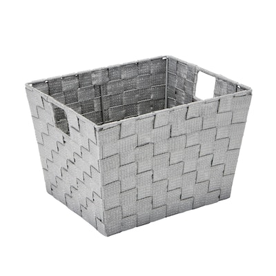 Simplify Medium Lurex Striped Woven Storage Bin in Grey/Silver - 10" x 12" x 8"