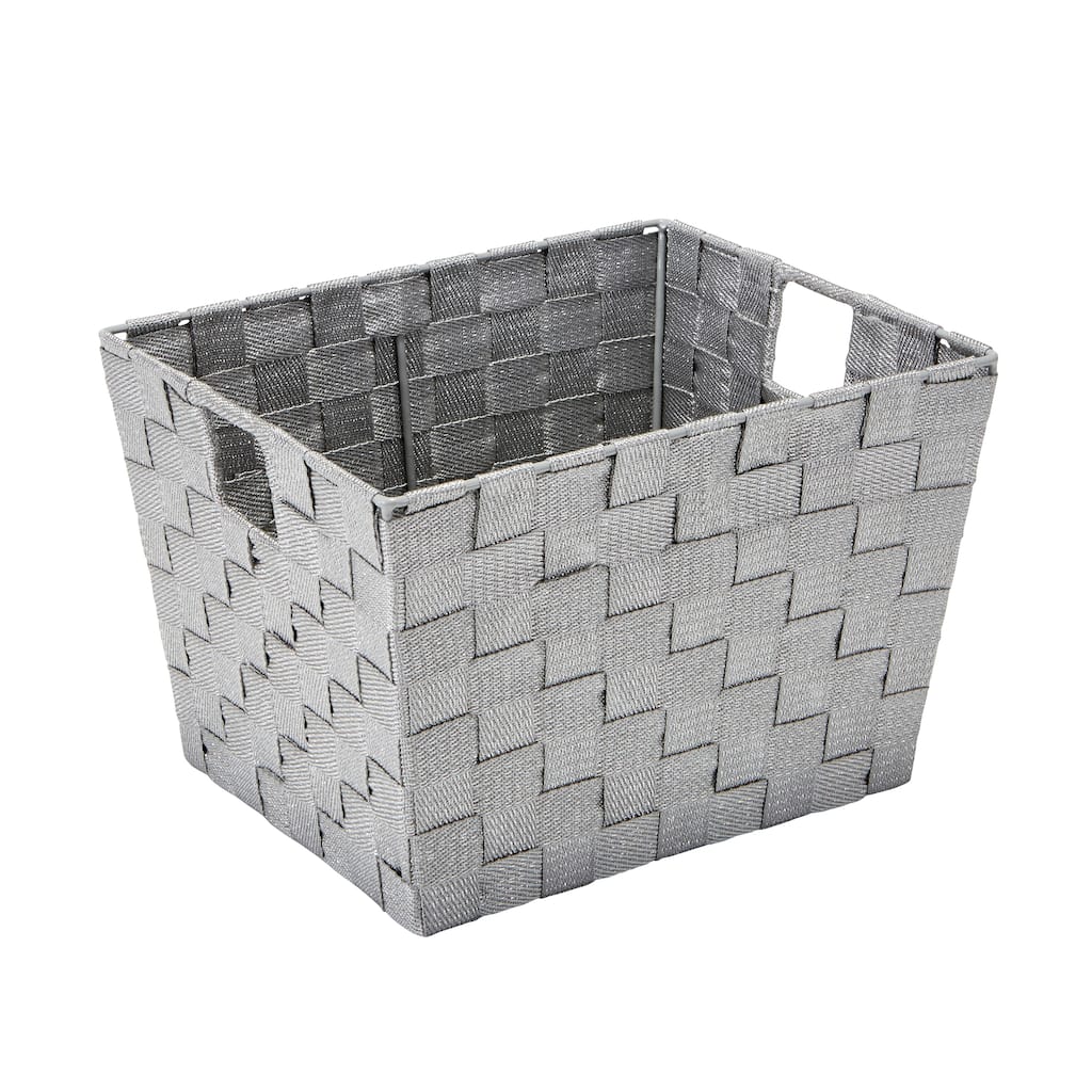 Simplify Medium Lurex Striped Woven Storage Bin in Grey/Silver - 10" x 12" x 8"