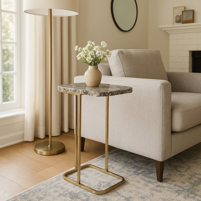 Modern Accent Table with Iron Base and Stone Top - 24", Gold & Black - 24.0"