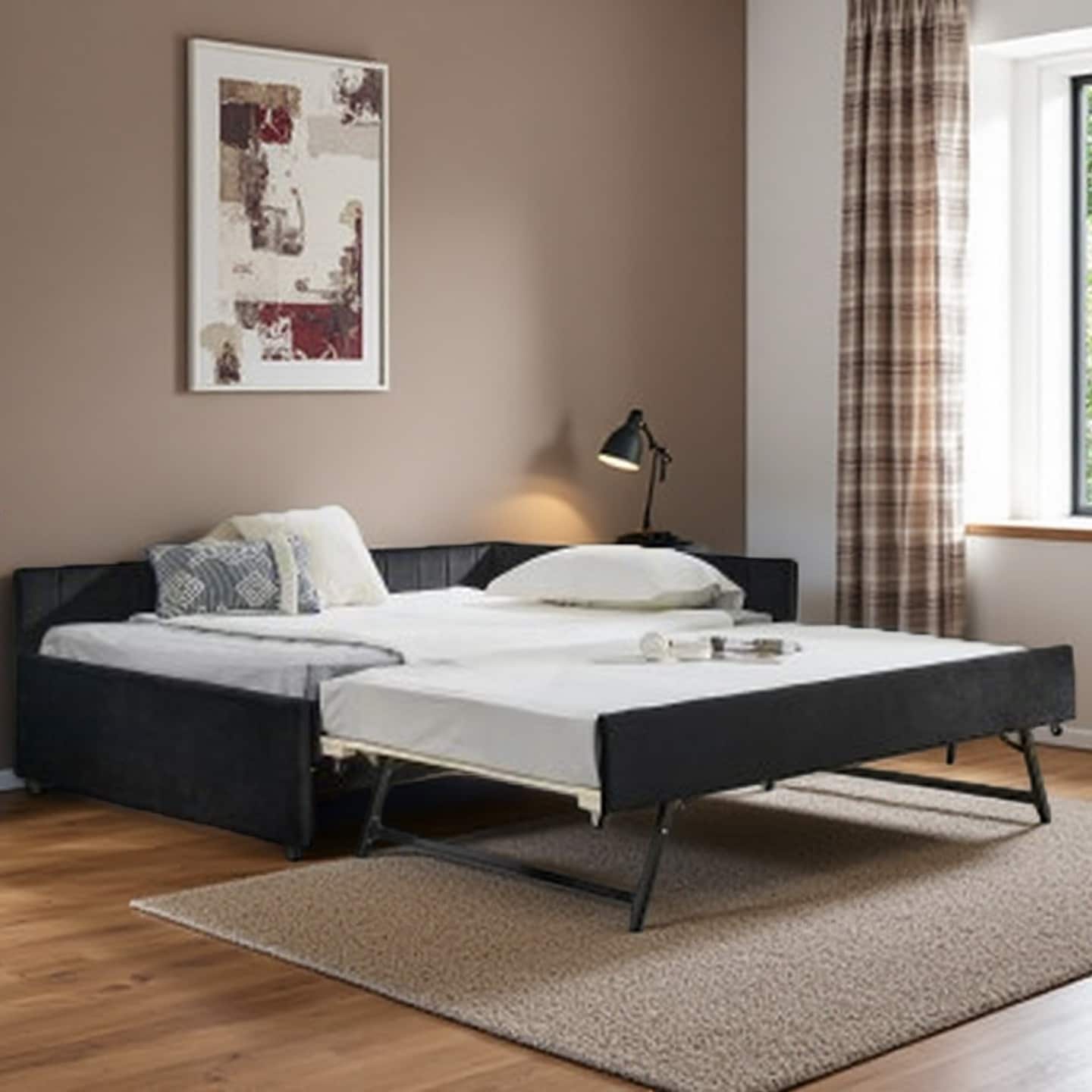 Full Size Upholstered Velvet Daybed with Pull-Out Trundle, Tufted Backrest & Armrests, Sturdy Wood Frame Sofa Bed