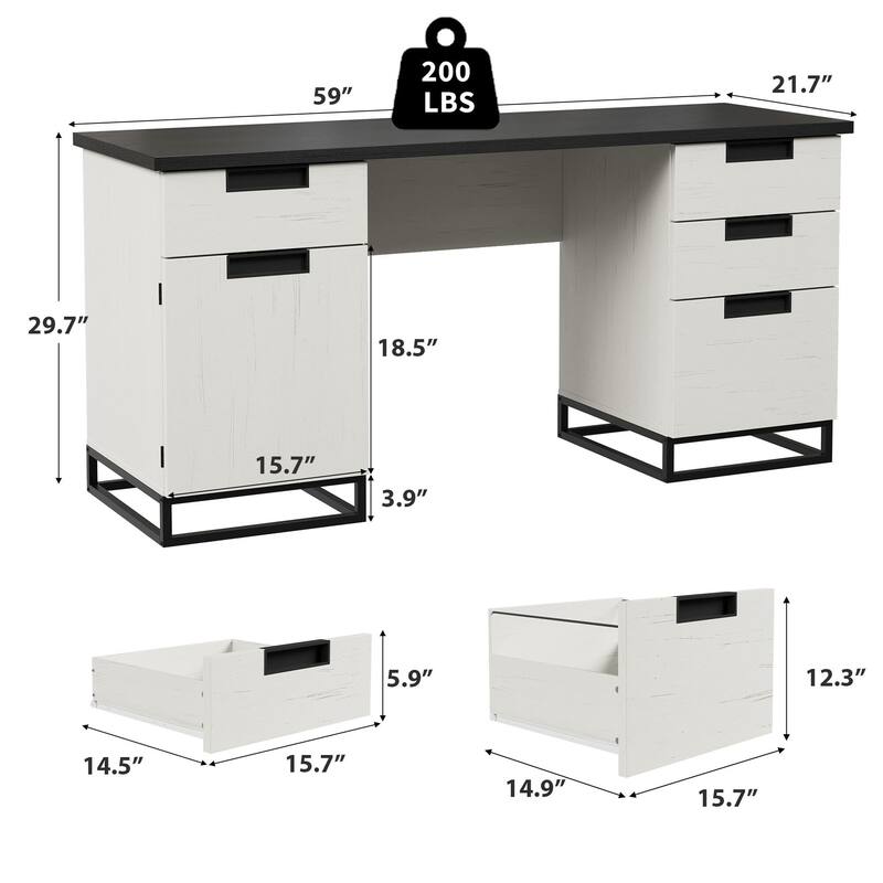 59" Farmhouse Executive Desk, Home Office Desk with File Drawer and Storage Cabinet