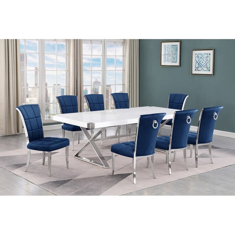 Best Quality Furniture D442/3-SC320-7 Dining Set with 94" White Lacquer Wood Top