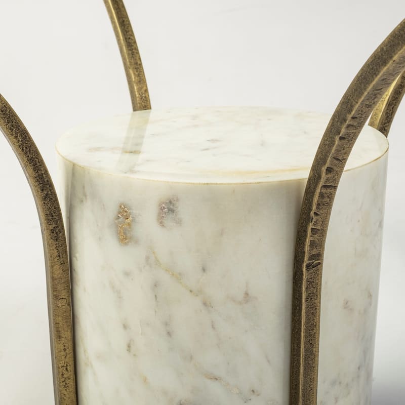 Jacinta II Glass Top with Gold Metal and White Marble Pedestal Round Side Table