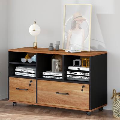 Wood 2 Drawers Lateral File Cabinets, Mobile Filing Cabinet Printer Stand with Wheels and Open Storage Shelves,Drawers