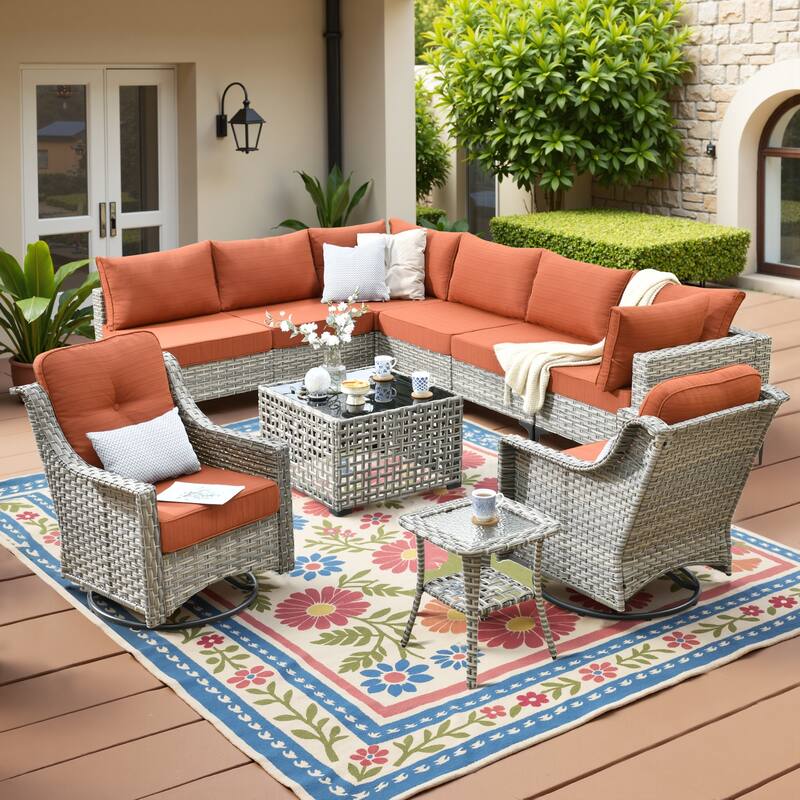 HOOOWOOO 10-piece Wicker Patio Furniture Set Sectional Sofa with Swivel Chair - Red/Orange