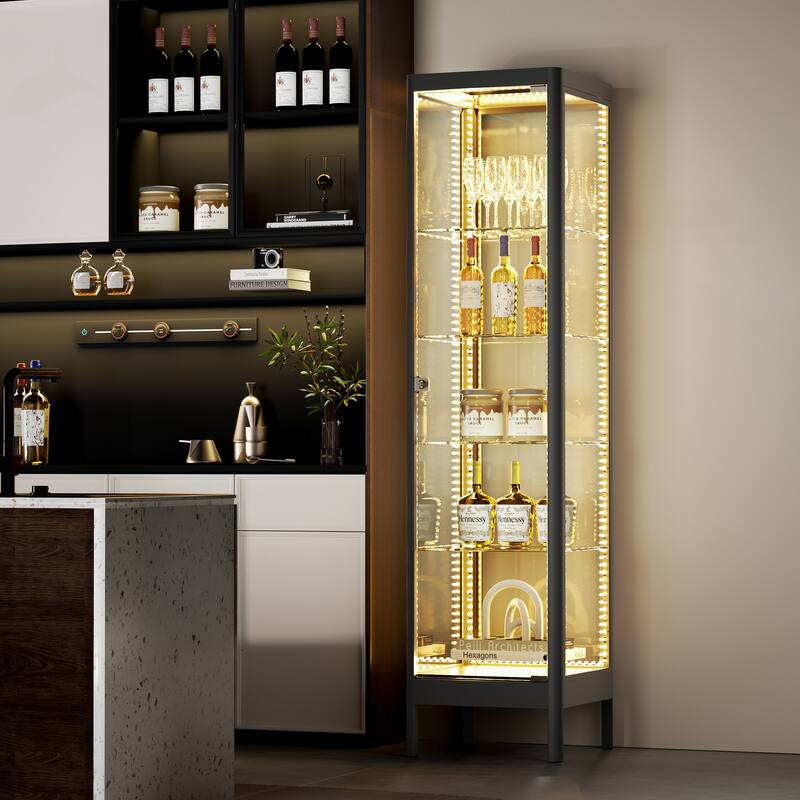 5-Tier Tempered Glass Curio Display Cabinet with Adjustable Shelves - 63"H x 15.4"W x 15.8"D