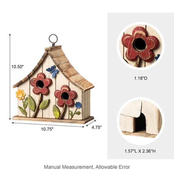 Glitzhome 10.5"H Distressed Solid Wood Birdhouse with 3D Flowers - 10.5"