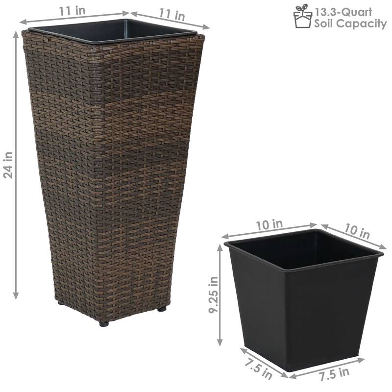 Sunnydaze Tall Square Brown Polyrattan Planter - 24-Inch - Set of 2 - 24-Inch Tall