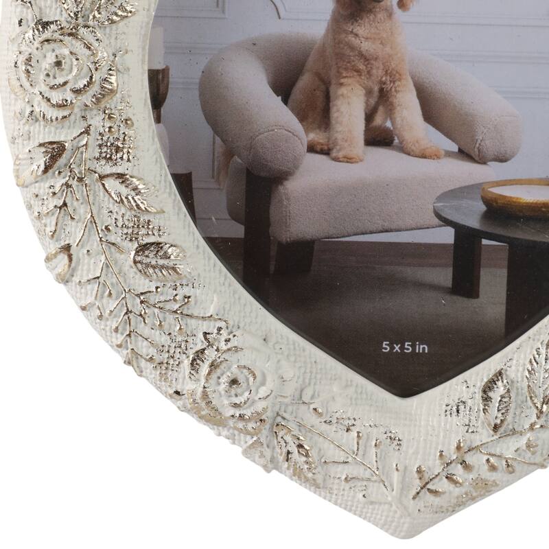 Polyresin Heart Shaped Photo Frame Floral Carving Design - 5x5" Ivory