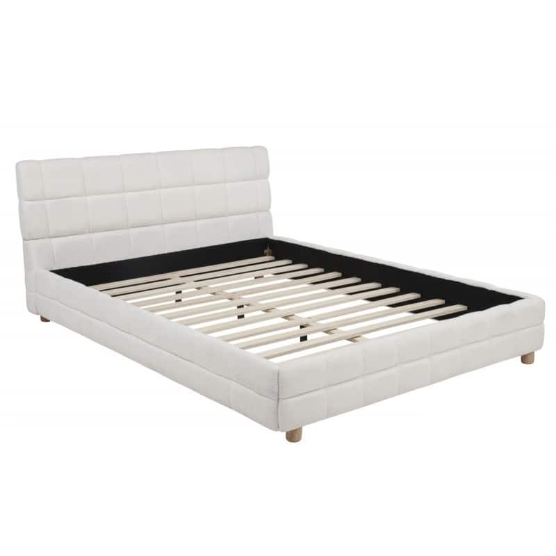 Queen Size Platform Bed with Fleece Upholstery and Grid-Patterned Headboard, White