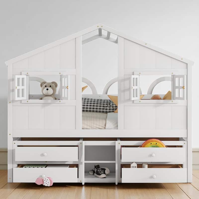 Full House-Themed Loft Bed with Ladder, Roof, Windows, Safety Rails and Storage Drawers for Kids - White - Full