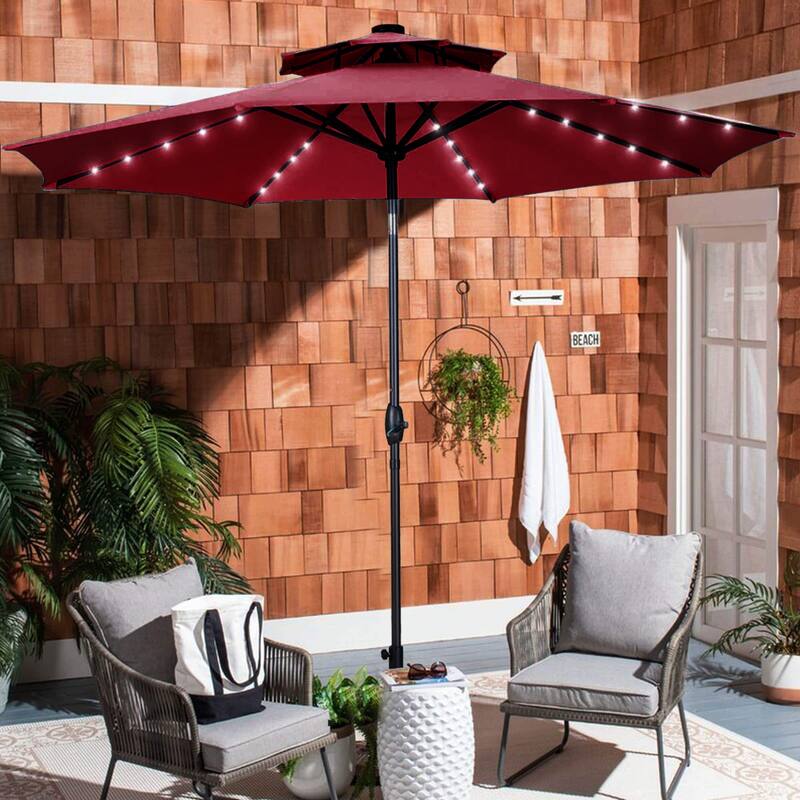 Ainfox 10ft Patio Umbrella with Lights Outdoor Solar Umbrella - 2-tier-DarkRed