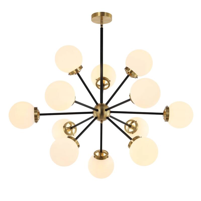 Modern Chandelier Sputnik Black Brass 12-Light Opal Glass
