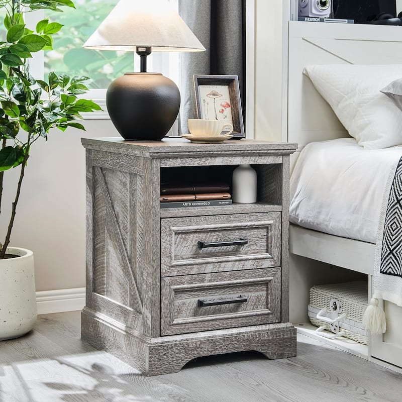 Farmhouse Nightstand with Charging Station, End Table with 2 Drawers - Grey