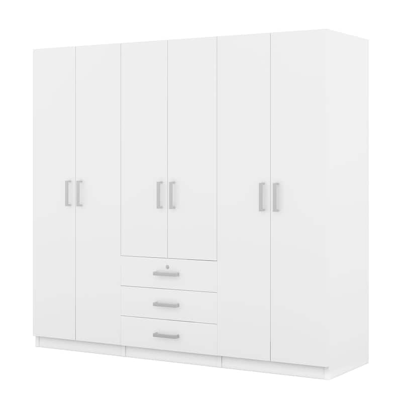 6 Doors Wardrobe Closet, Large Armoire Wardrobe with 3 Drawers and Shelves, Freestanding Closet Wardrobe Cabinet w/ Hanging Rod