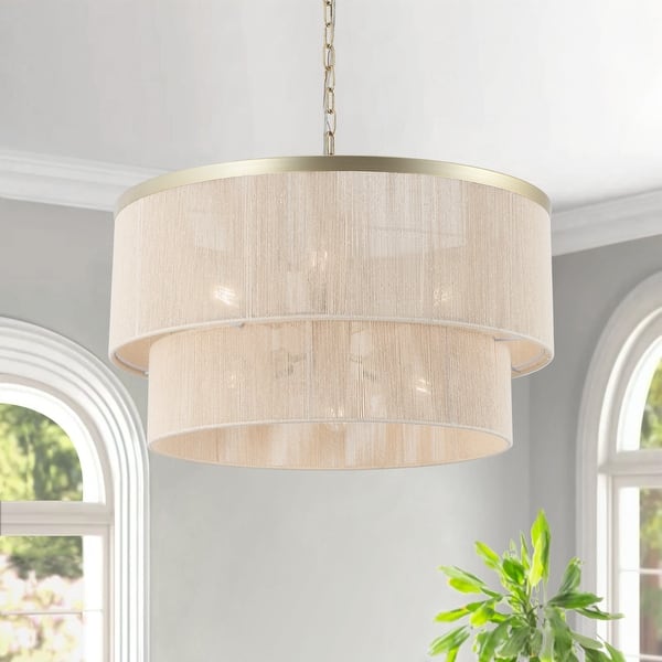 slide 2 of 36, GetLedel 23.8" 6-Light Dimmable Handwoven Drum Chandelier Gold/beige