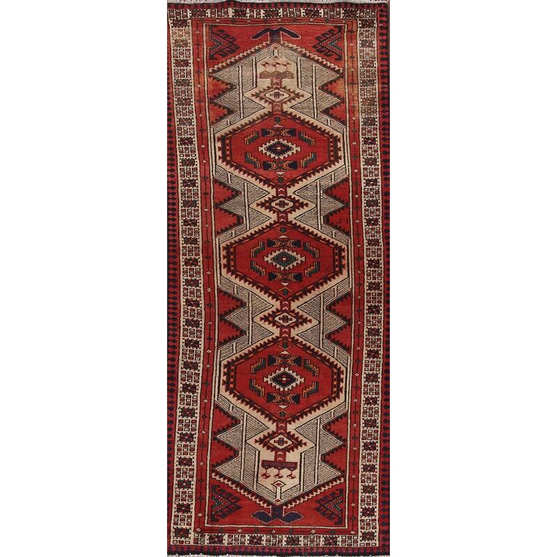 Red Ardebil Persian Vintage Runner Rug Handmade Wool Carpet - 3'2"x 9'8"