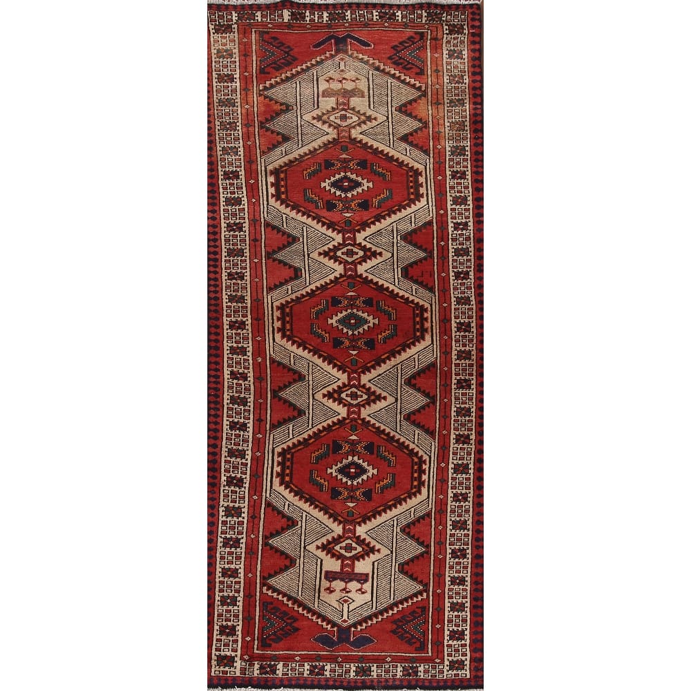 Red Ardebil Persian Vintage Runner Rug Handmade Wool Carpet - 3'2"x 9'8"