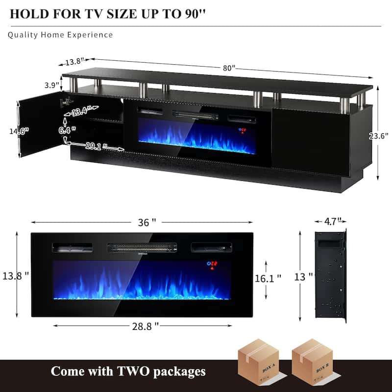 80" 2 Tier TV Console Stand for TVs Up to 90",with 36" Electric Fireplace