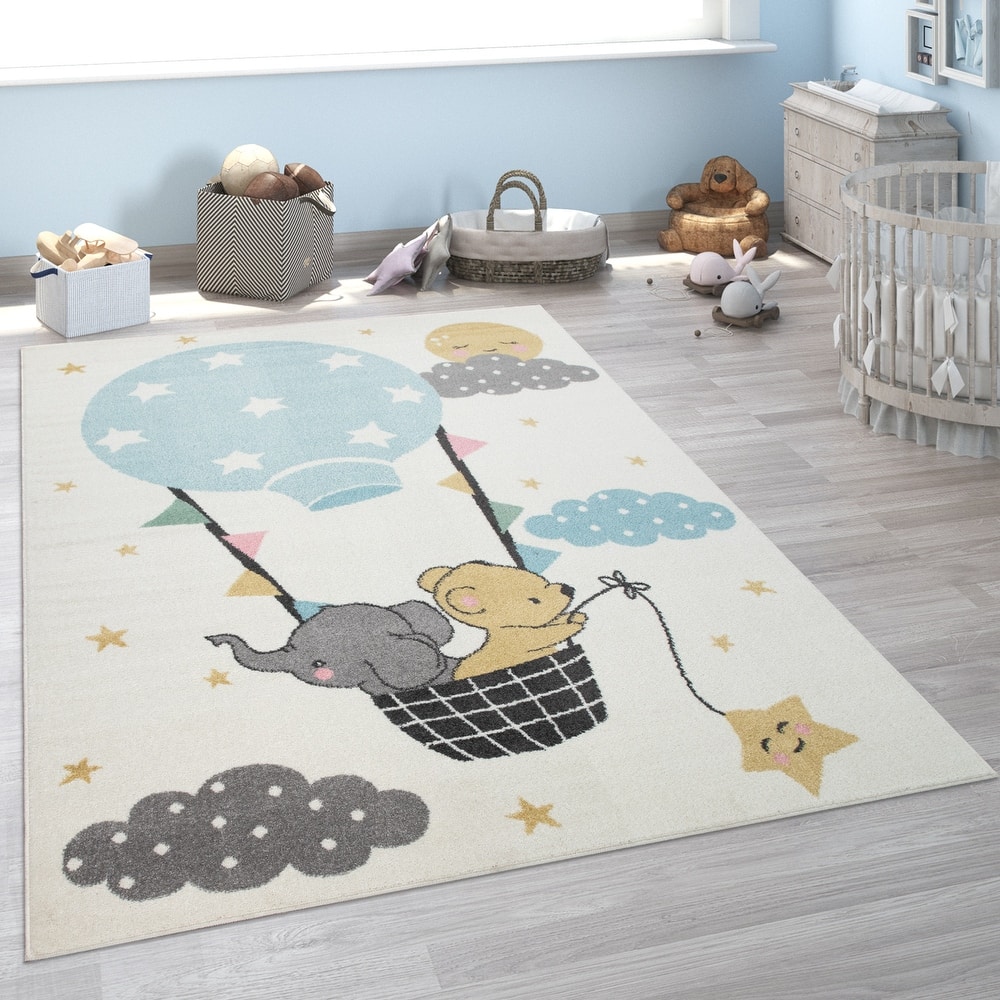 Kids Rug for Nursery Bear and Elephant Balloon Ride in Beige