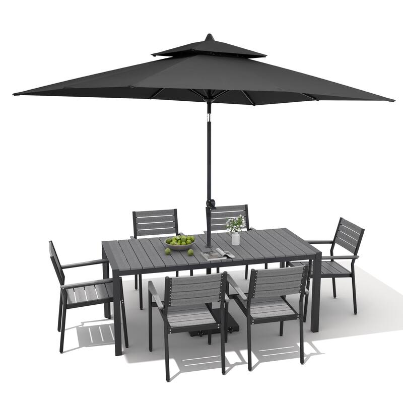 9/11-Piece Patio Dining Set Aluminum Dining Table and Chairs w/10 ft Market Umbrella and Base with Wheels