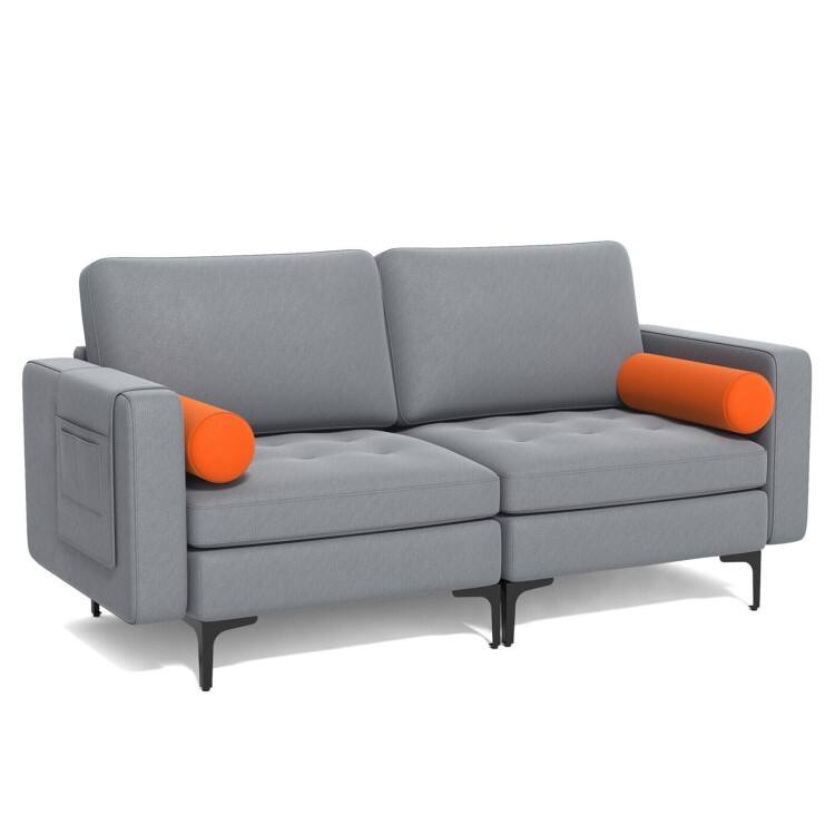Modern Loveseat Sofa with 2 Bolsters and Side Storage Pocket - 68" x 31" x 31.5" (L x W x H) - Gray