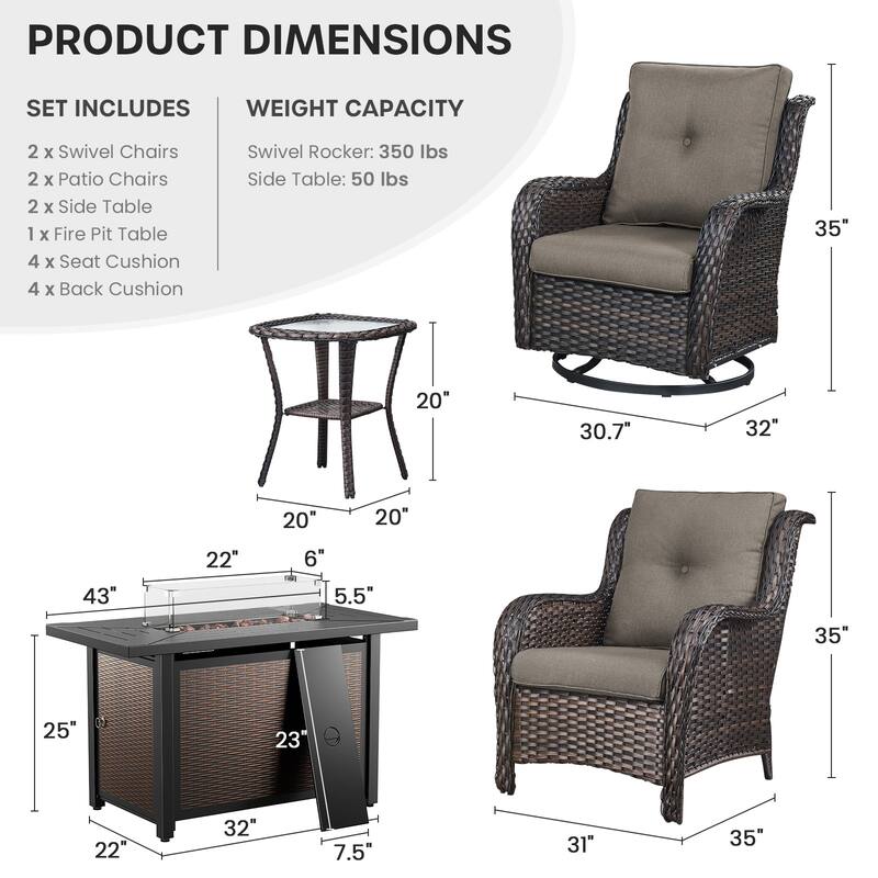 Gymojoy 7-Piece Outdoor Set with Fire Pit Table, Swivel Chairs & Side Tables for Patio