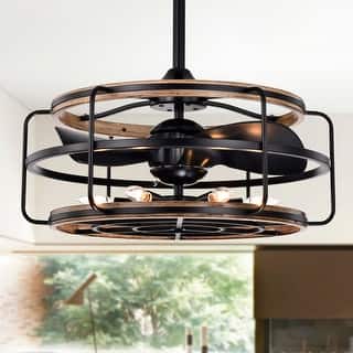 Amable 26 Inch Farmhouse and Industrial Style Matte Black Finish Lighted Ceiling Fandelier with Remote