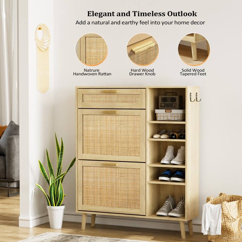 Rattan Hidden Shoe Cabinet with 2 Flip Drawers&1 Small Drawer& 5 Shelves