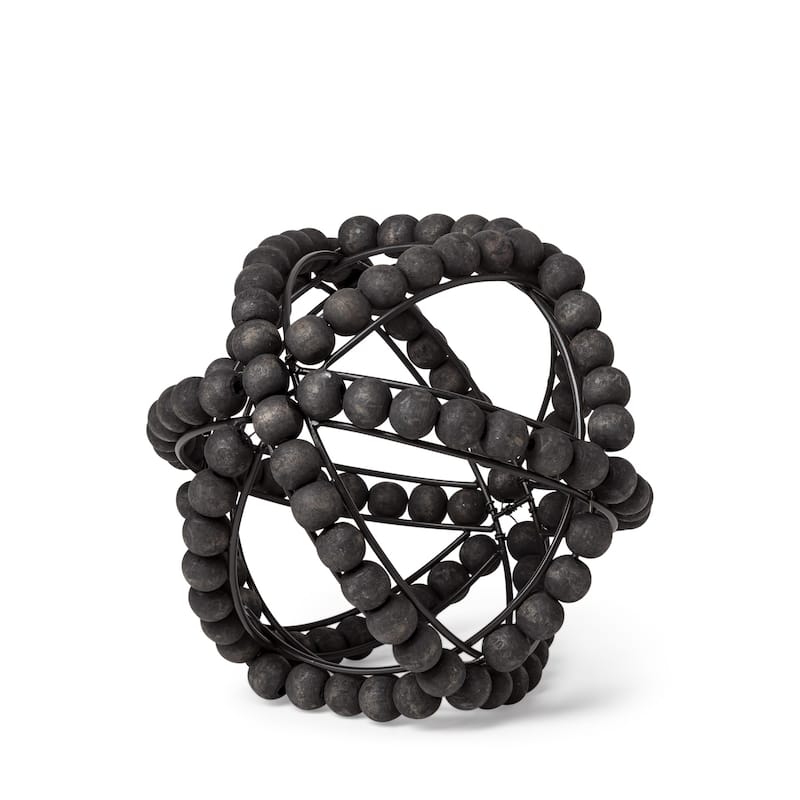 Black Wooden Bead and Metal Orb Sculpture - 9"W x 9"D x 9"H