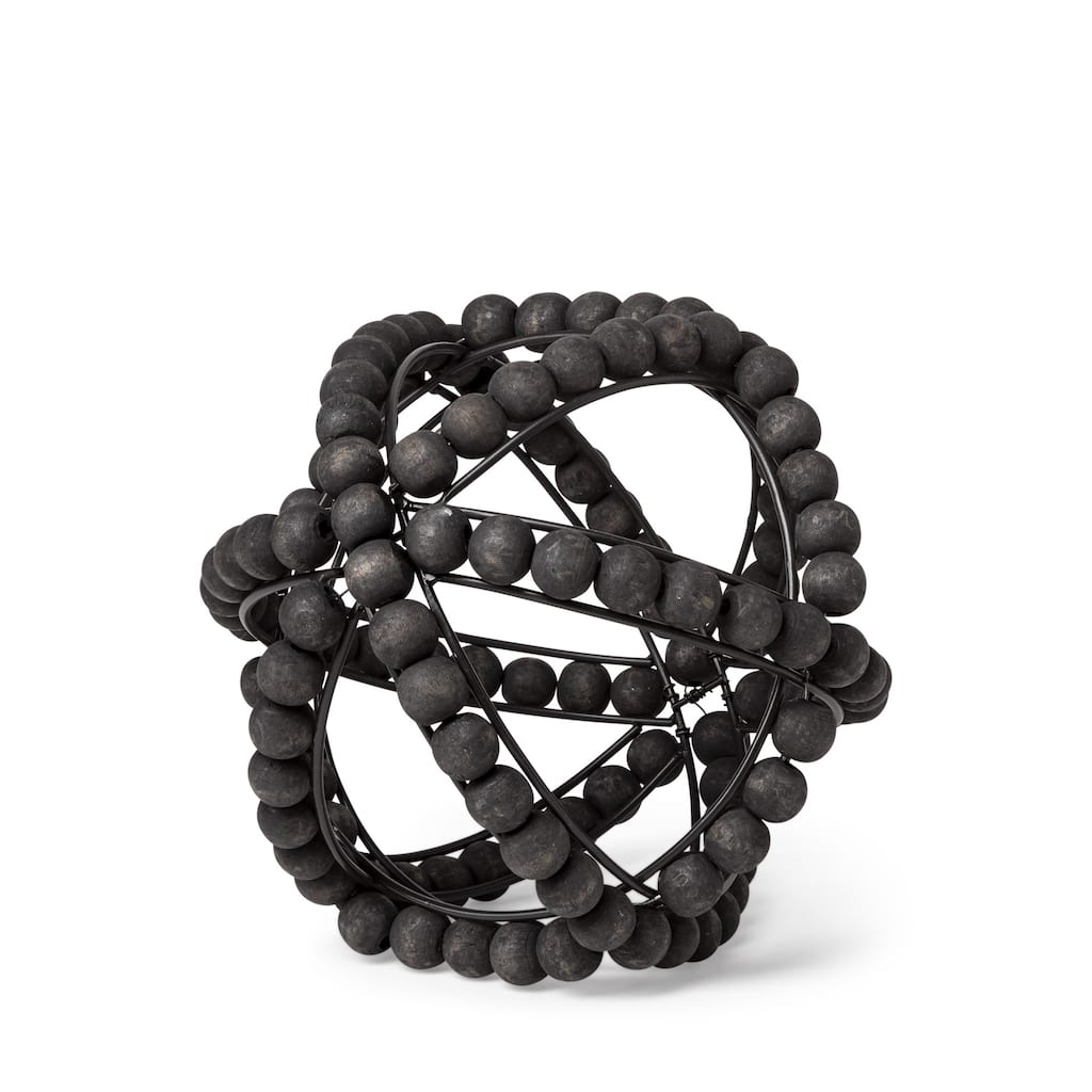 Black Wooden Bead and Metal Orb Sculpture