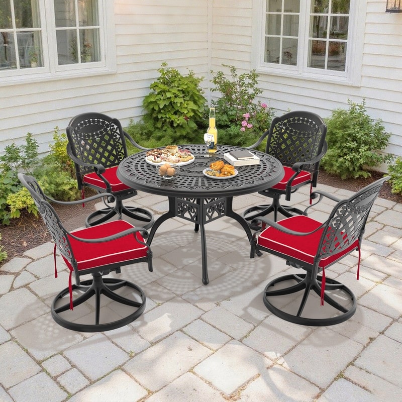 5-Piece Aluminum Round Outdoor Patio Dining Set, 4 Cushioned Swivel Chairs, Table, All-Weather Frames