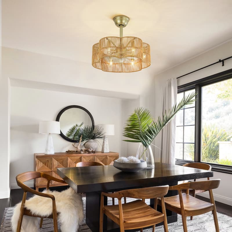 6-Light 19.6" Farmhouse Boho Gold and Brown 7-Blade Geometric Drum Ceiling Fan Lighting with Remote Included