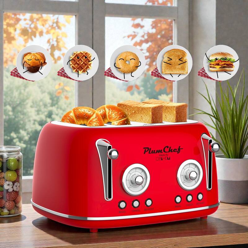 4 Slice Retro Style Toaster with Dual Control, Stainless Steel Toaster 1650W, 6 Browning Levels, Bagel Defrost