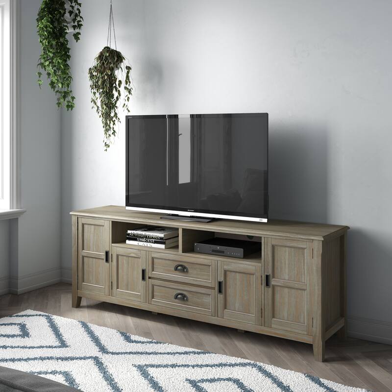 WYNDENHALL Portland SOLID WOOD 72 inch Wide Transitional TV Media Stand For TVs up to 80 inches - 72 inch Wide - Distressed Grey
