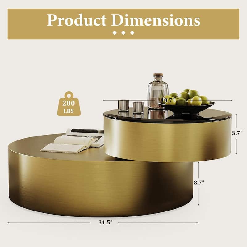 Luxury Round Coffee Table with 2 Tier Rotatable Top Circle Coffee Table with 360° Swivel Top for Living Room Apartment