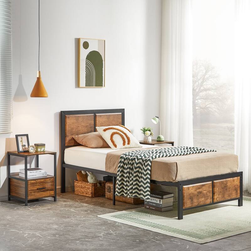 Bedroom Set of 3 Wood Headboard Platform Bed Frame Set of 2 Nightstands with Charging Station USB Port