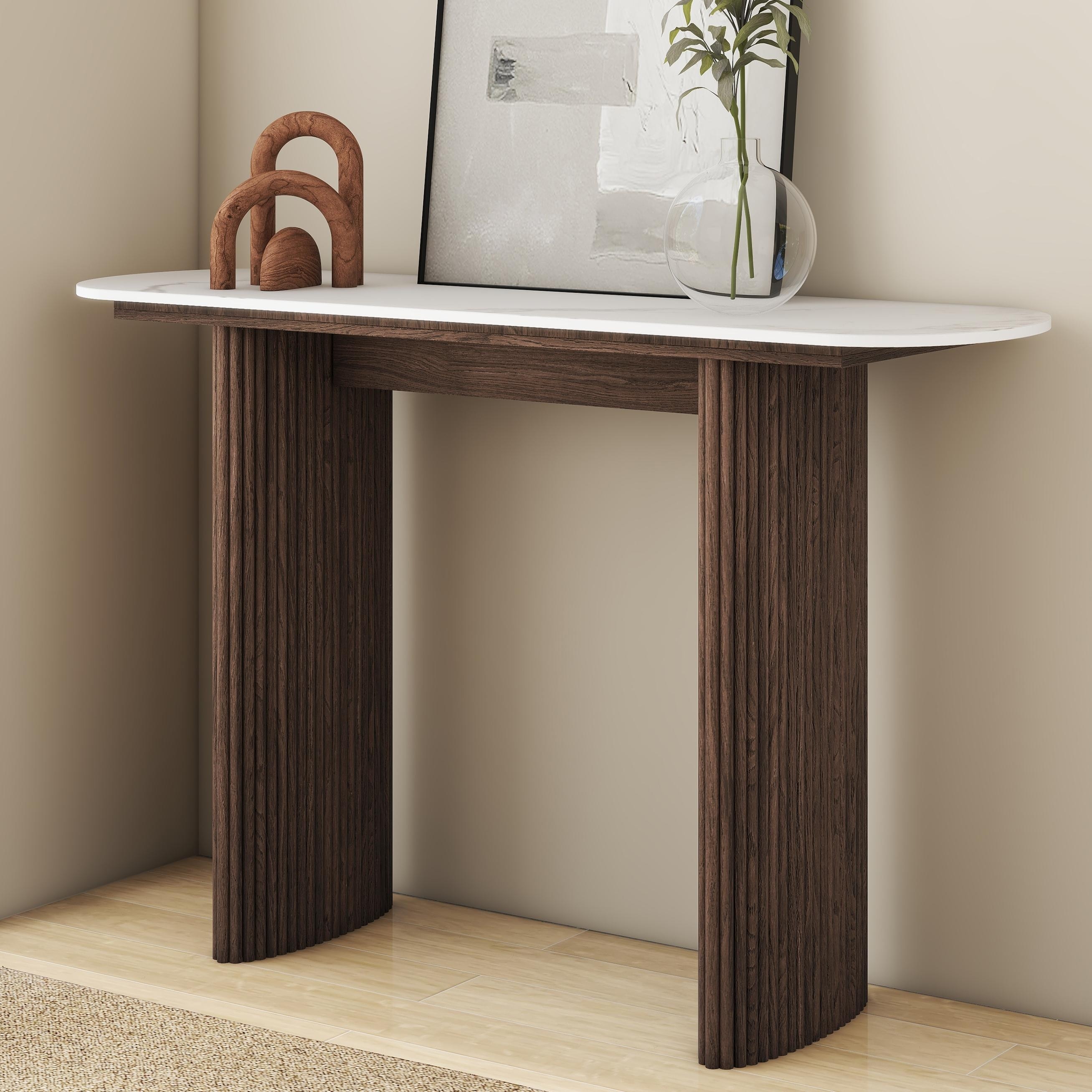 Marble Console Table Entryway Table with Fluted Base
