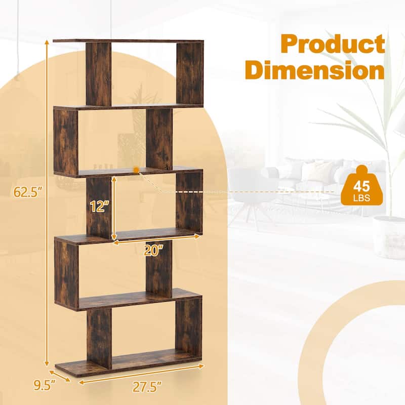 5-Tier Bookshelf S-Shaped Bookcase Room Divider Storage Display Shelf