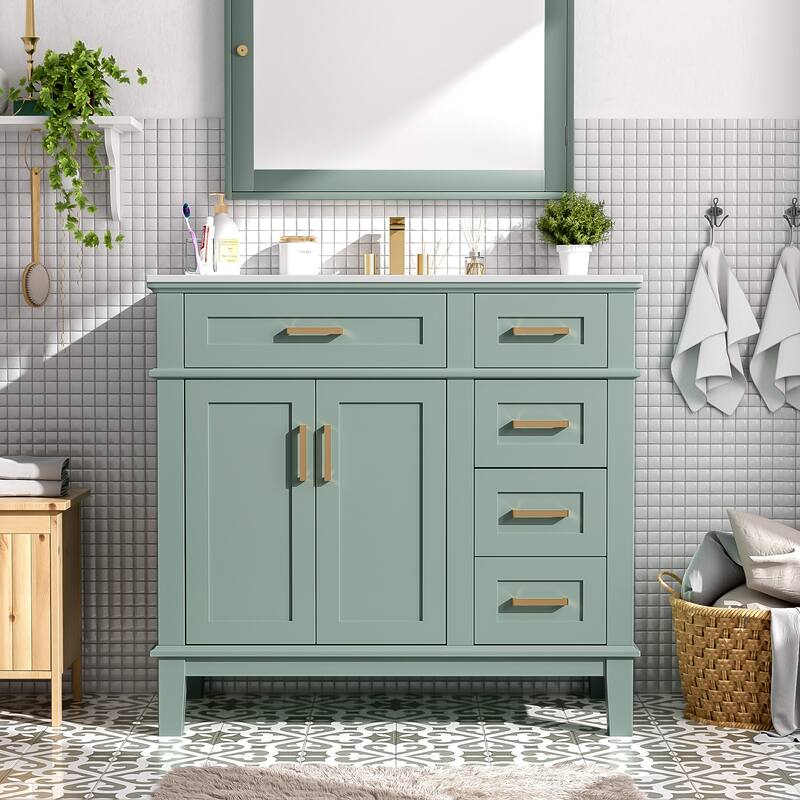 36" Bathroom Vanity Cabinet with Ceramic Sink, Soft-Close Door and 4 Storage Drawers