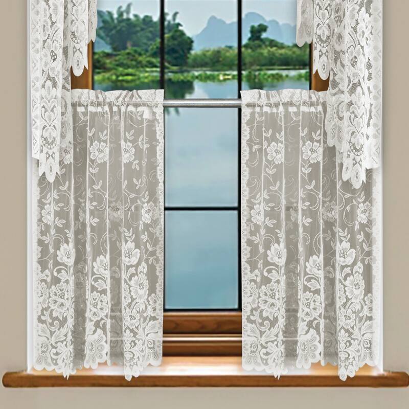 Floral Lace Kitchen Curtain, Cafe Tier, Valance or Swag Curtain - Ivory - 28'' x 24'' Tier Pair