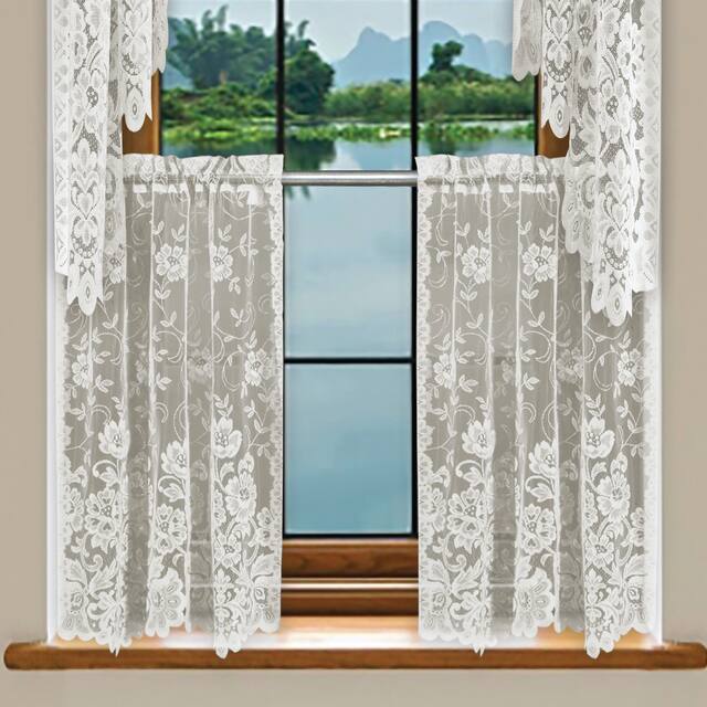 Floral Lace Kitchen Curtain, Cafe Tier, Valance or Swag Curtain - Ivory - 28'' x 36'' Tier Pair