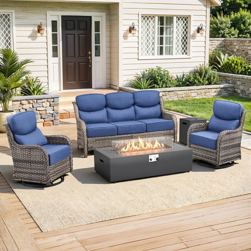 Pocassy 43 In Fire Pit w/ Outdoor Sofa Swivel Chair Ottoman Set - Gray Wicker Blue Cushion - 4PCS Fire Table w/ 6-In Cushion Sofa Swivel Chair