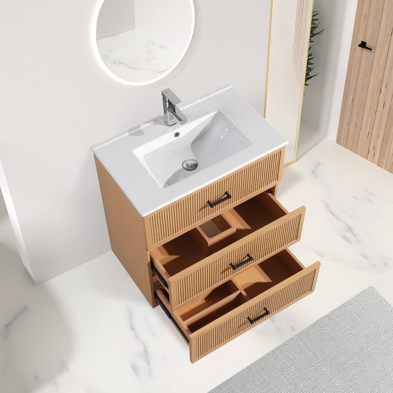 30" Freestanding Bathroom Vanity with Ceramic Sink and 2 Storage Drawers, Stylish Gray Floor Cabinet