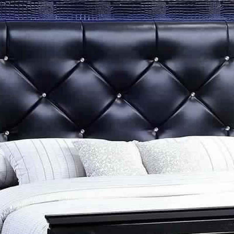 Textured Eastern King Size Bed with Silver Trim Accents, Black